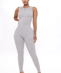 Mysite Essential Ribbed For Days Jumpsuit - Heather Grey