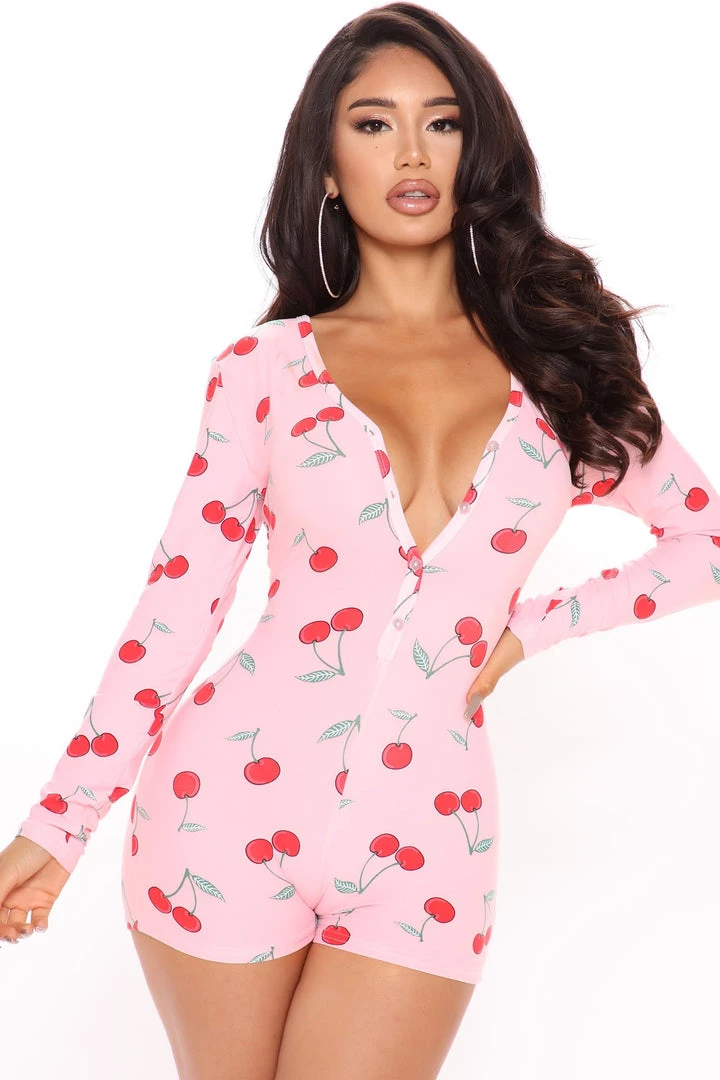 Fashion Nova Sweet Cherry PJ Romper Onesie - Pink/combo 1 Fashion Nova Sweet Cherry PJ Romper Onesie - Pink/combo