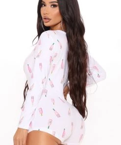 Fashion Nob Champagne Showers PJ Romper Onesie - White/combo