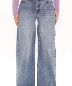 FashionNob Big Playa High Rise Wide Leg Jeans - Medium Blue Wash