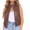 Fashion Nob One Too Many Times Faux Puffer Leather Vest - Chocolate