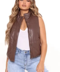 Fashion Nob One Too Many Times Faux Puffer Leather Vest - Chocolate