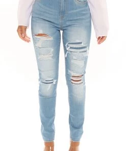 Fashion Nova Mia Distressed Stretch Skinny Jeans - Light Blue Wash