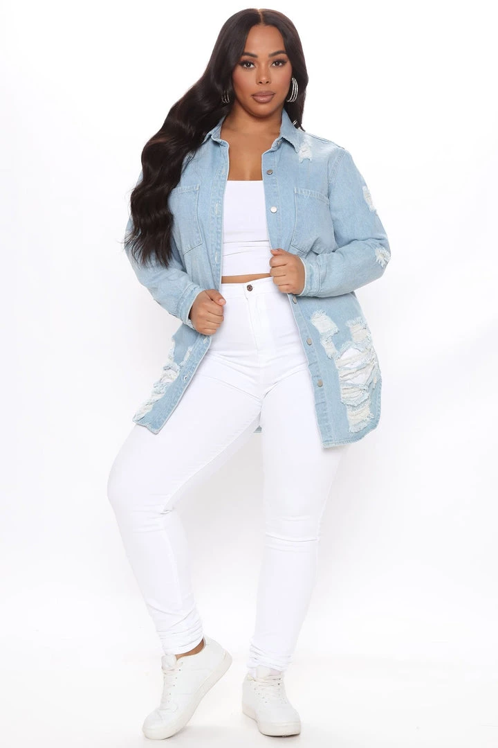 Fashion Nob Damsel In Distress Shacket - Light Blue Wash