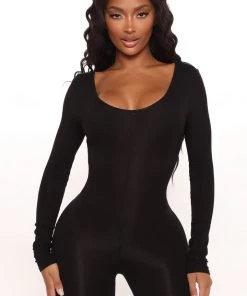 Fashion Nova Nova Season Long Sleeve Flare Jumpsuit - Black Teddies & Babydolls