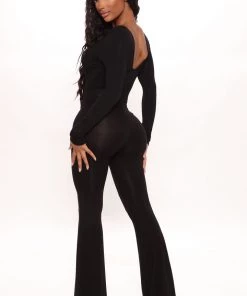 Fashion Nova Nova Season Long Sleeve Flare Jumpsuit - Black Teddies & Babydolls