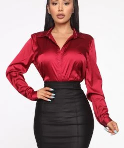 Fashion Nova Smooth Talkin' Button Down Top - Burgundy