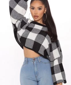 Fashion Nova London Cropped Sweater - Black/White Teddies & Babydolls