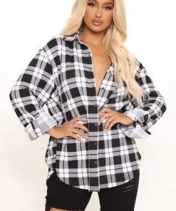 Fashion Nova Olivia Oversized Plaid Shirt - Black/White Teddies & Babydolls