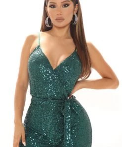 FashionNob Teddies & Babydolls Can't Hide The Shine Sequin Jumpsuit - Emerald