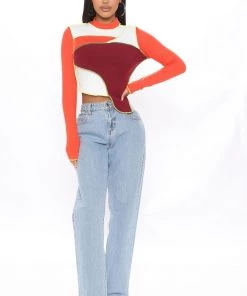 Fashion Nova Let's Block The Shade Ribbed Top - Orange/combo Teddies & Babydolls