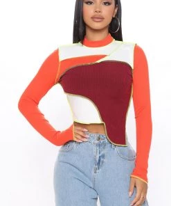 Fashion Nova Let's Block The Shade Ribbed Top - Orange/combo Teddies & Babydolls