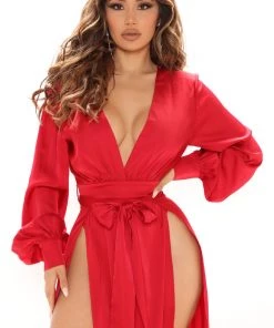 FashionNob Call The Shots Satin Jumpsuit - Red Teddies & Babydolls