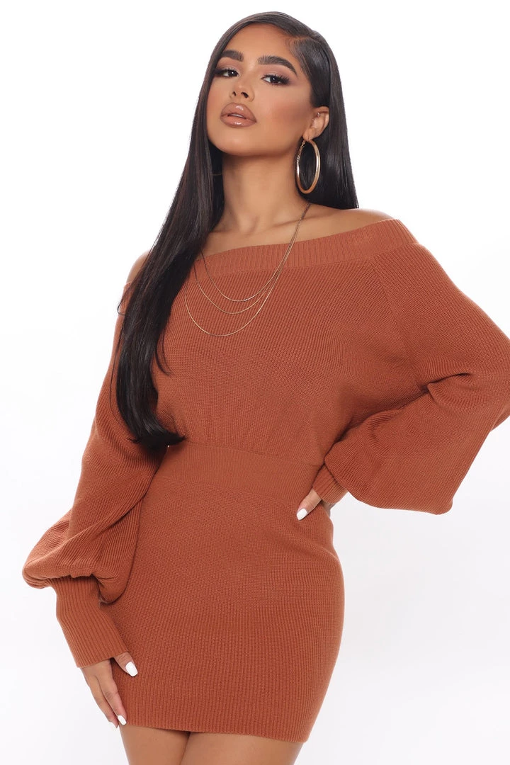 Fashion Nob DRESSES Elated Off The Shoulder Mini Dress - Brown