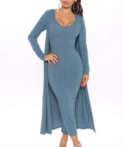 FashionNob Calm And Cozy Midi Dress Set - Teal DRESSES