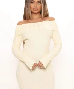 Fashion Nova Off And On Sweater Midi Dress - Cream DRESSES 9 Fashion Nova Off And On Sweater Midi Dress - Cream DRESSES