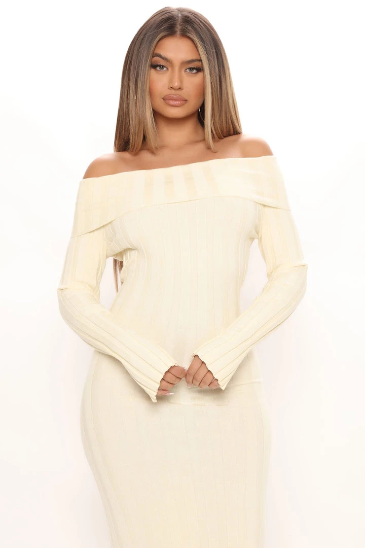 Fashion Nova Off And On Sweater Midi Dress - Cream DRESSES 2 Fashion Nova Off And On Sweater Midi Dress - Cream DRESSES