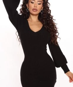 Fashion Nova Steph Sweater Mini Dress - Black New Today