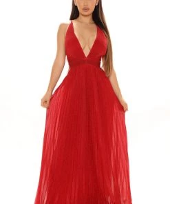 Fashion Nova DRESSES Elite Status Metallic Maxi Dress - Red