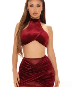 FashionNob Alessandra Velvet Mini Skirt Set - Burgundy