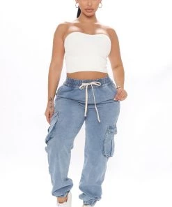 Fashion Nova Take A Break Relaxed Denim Joggers - Medium Blue Wash New Today