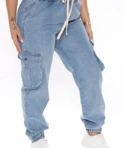 Fashion Nova Take A Break Relaxed Denim Joggers - Medium Blue Wash New Today