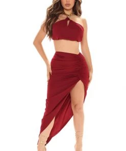 Fashion Nova Nothing Lasts Forever Maxi Skirt Set - Burgundy SETS