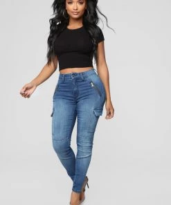 Fashion Nova Major Pain Cargo Jeans - Medium Blue Wash