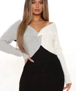 Fashion Nob Split It Sweater Mini Dress - Black/combo DRESSES