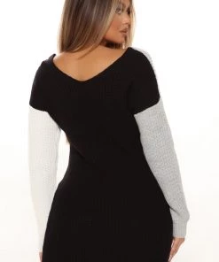 Fashion Nob Split It Sweater Mini Dress - Black/combo DRESSES