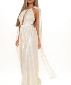 Fashion Nova Fashionably Late Foil Jumpsuit - Gold