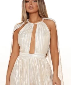 Fashion Nova Fashionably Late Foil Jumpsuit - Gold