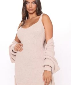 Fashion Nob Living In It Cozy Dress Set - Taupe Influencer Looks
