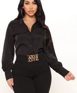 Fashion Nova Working Woman Button Down Top - Black Best Sellers