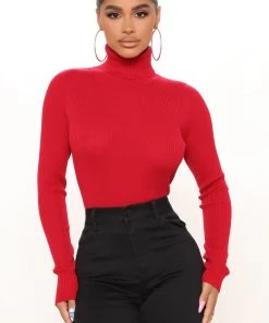 Fashion Nova Taylor Crop Turtleneck Sweater - Red Teddies & Babydolls