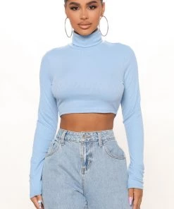 Fashion Nova Sunniva Cropped Turtle Neck Top - Blue Teddies & Babydolls