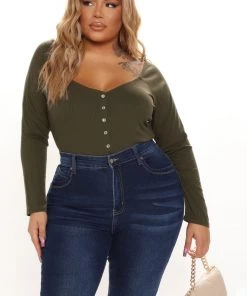 Fashion Nova Best Sellers Hazel Ribbed Henley Bodysuit - Olive