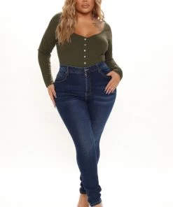 Fashion Nova Best Sellers Hazel Ribbed Henley Bodysuit - Olive