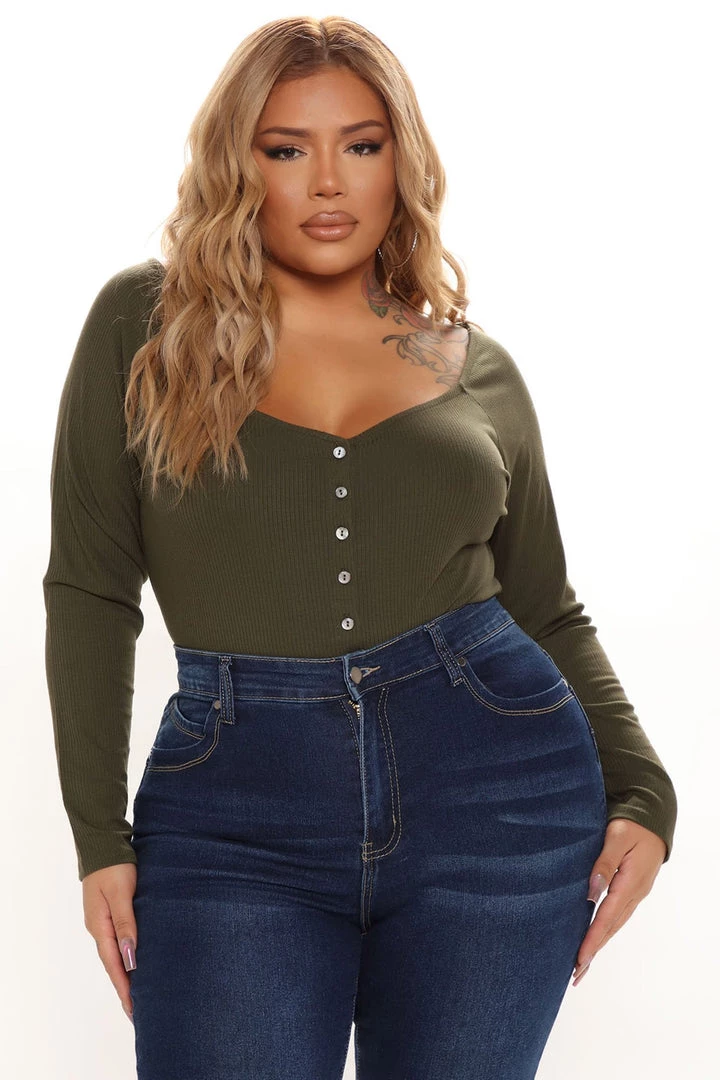 Fashion Nova Best Sellers Hazel Ribbed Henley Bodysuit - Olive