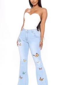 FashionNob New Today Catching Butterflies Extreme Flare Jeans - Light Blue Wash