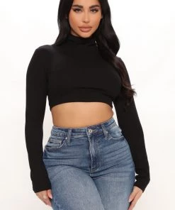 Fashion Nova Sunniva Cropped Turtle Neck Top - Black Teddies & Babydolls