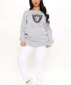 Fashion Nova Best Sellers Field Goal Raiders Off Shoulder Sweatshirt - Heather Grey