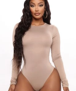 Fashion Nova Krystal Crew Neck Long Sleeve Bodysuit - Mocha New Today