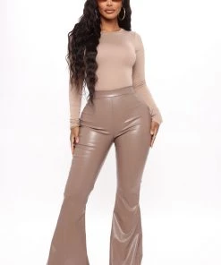 Fashion Nova Krystal Crew Neck Long Sleeve Bodysuit - Mocha New Today