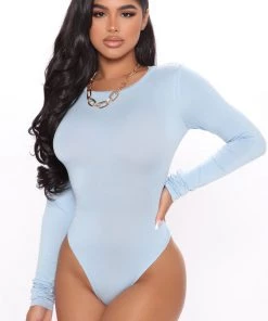 Fashion Nova New Today Krystal Crew Neck Long Sleeve Bodysuit - Light Blue