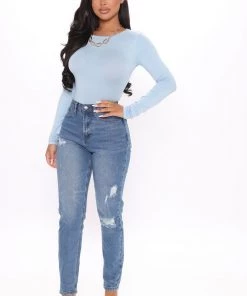 Fashion Nova New Today Krystal Crew Neck Long Sleeve Bodysuit - Light Blue