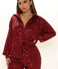 Fashion Nova SETS Marianna Sequin Pant Set - Burgundy