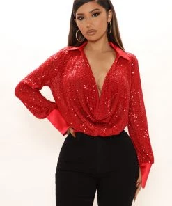 Fashion Nova Teddies & Babydolls Disco Queen Sequin Top - Red