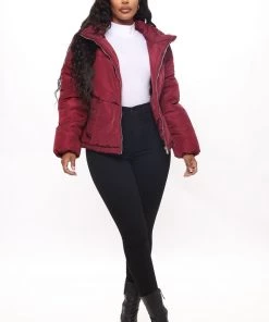 Fashion Nob Work Your Angles Chevron Puffer Jacket - Burgundy Teddies & Babydolls