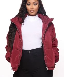 Fashion Nob Work Your Angles Chevron Puffer Jacket - Burgundy Teddies & Babydolls